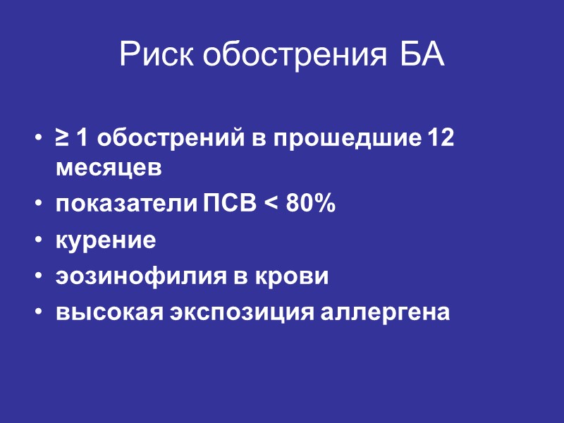 Риск обострения БА ≥ 1 обострений в прошедшие 12 месяцев показатели ПСВ < 80%